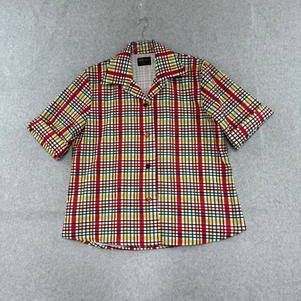 Angelica Plaid Button Up Shirt Womens Large Multicolor Vintage 70s Short Sleeve